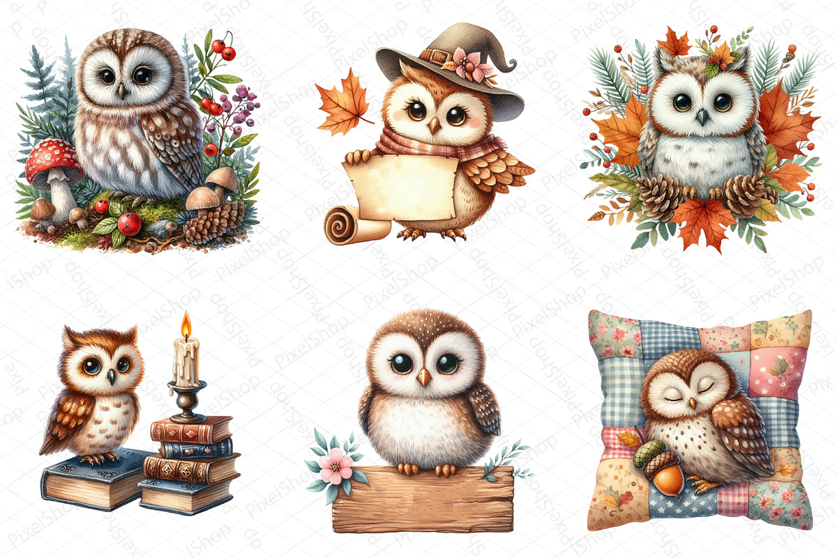 Watercolor Autumn Owl Clipart, an Illustration by DreamPrint404 (Photo 3 of 6)