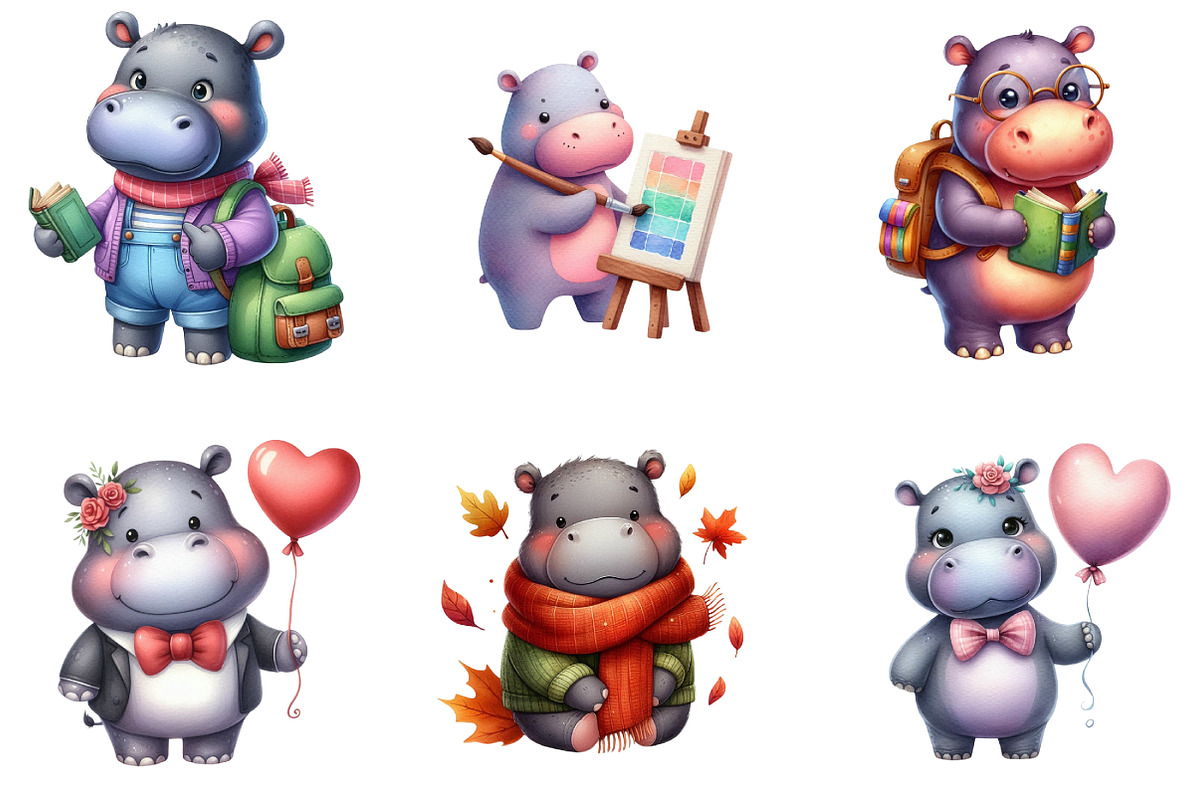 Watercolor Cute Hippo Clipart, an Illustration by DreamArtGraphic (Photo 2 of 5)