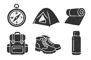 Camping gear icons set featuring com, an Illustration by Dvoevnore photos