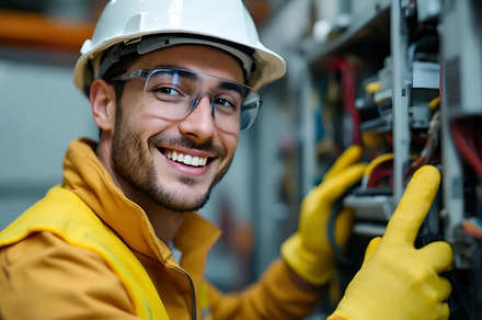 Smiling Electrician Inspecting Elect, an Industrial Photo by Stock Shape