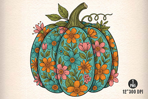Floral Boho Fall Pumpkin Autumn PNG, an Illustration by Dream Creation