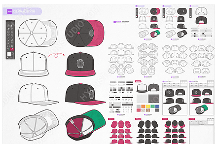 Snapback Cap Design Flat Sketch Set, a Hat Mockup by HYDNSTUDIO