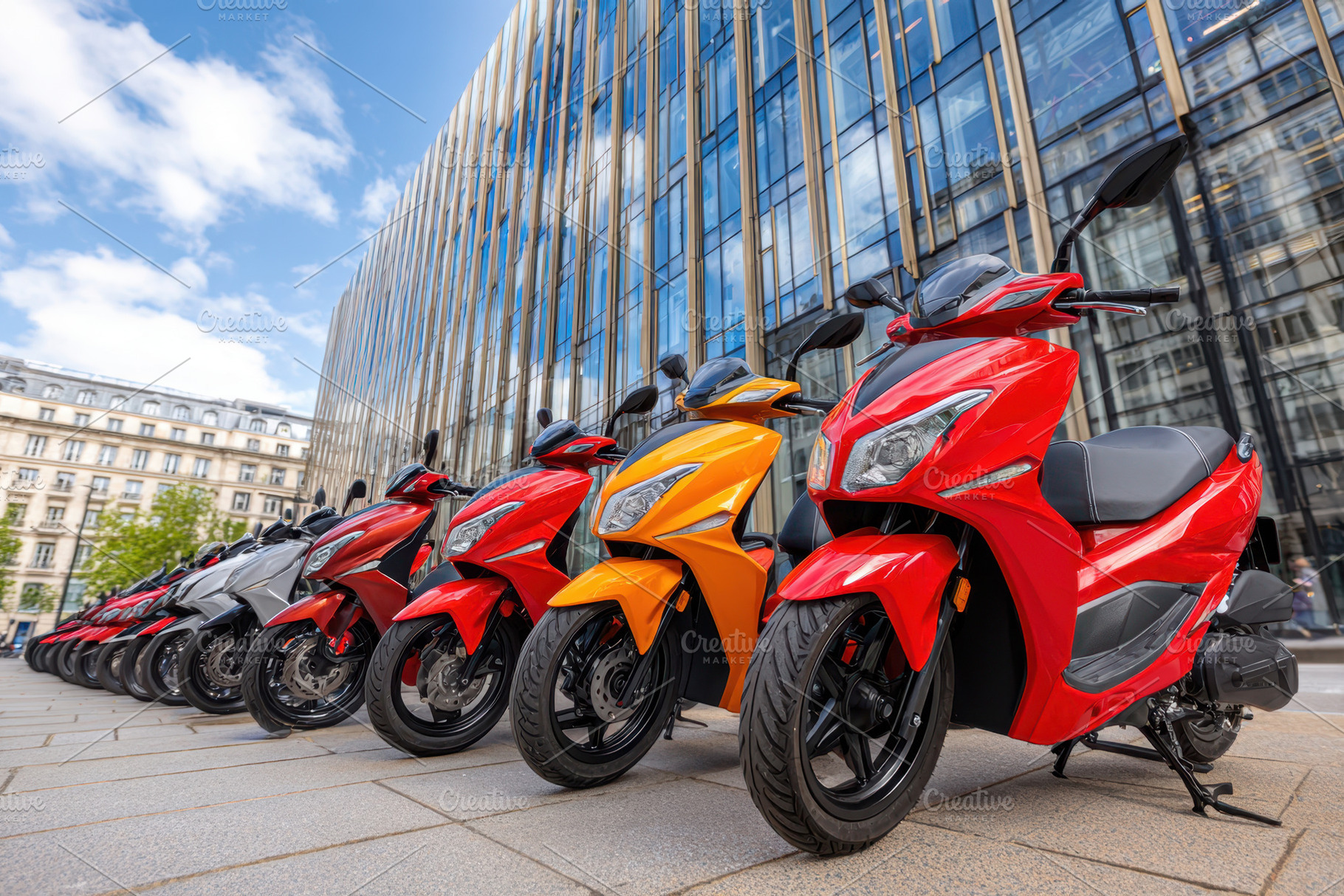 Colorful scooters parked in urban setting, a Transportation Photo by AlyaAnd