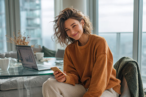 Happy woman using phone laptop near, a Photo by Pixeness Studio