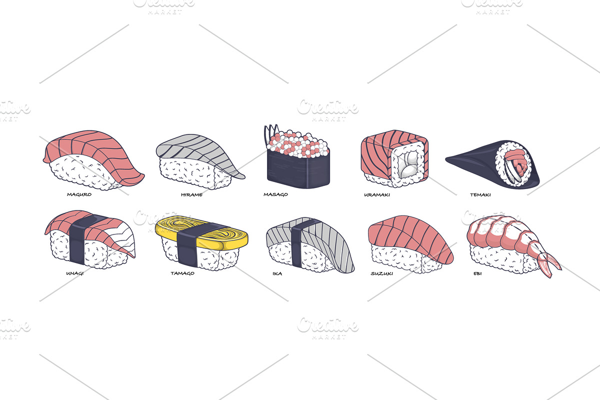 Set of different sushi types, a Food Illustration by Yayasya
