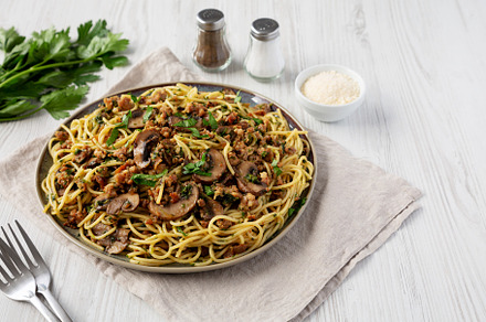 Homemade Mushroom, Spinach & Sausage Spaghetti on a Plate, side, a Food & Drink Photo by LiudmylaChuhunova