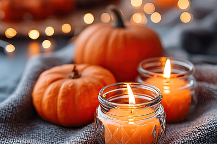 Warm autumn ambiance with glowing candles and pumpkins during harvest season, a Holiday Photo by AlyaAnd