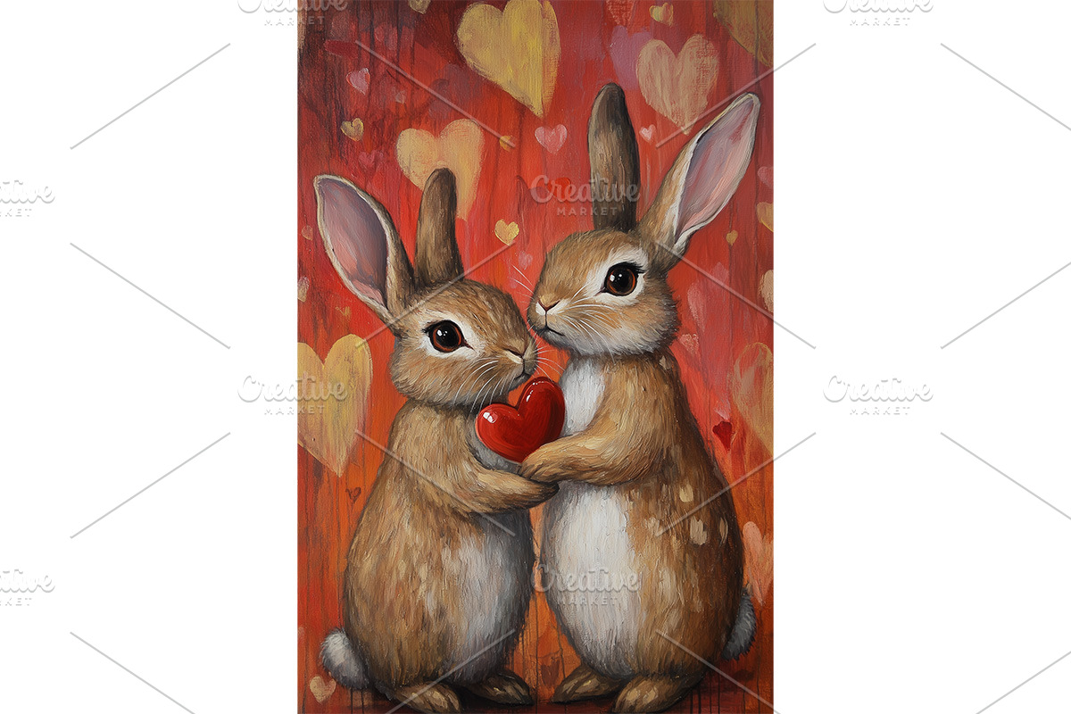 Bunny Couple Holding Heart Wall Art, an Animal Illustration by Art Paradise Studios