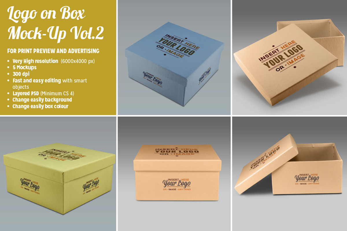 5 Photorealistic Logo on Box Mockups, a Product Mockup by Illusiongraphic (Photo 1 of 5)