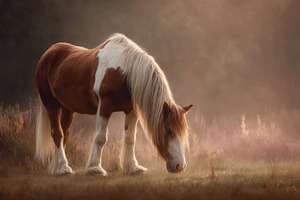 Horse grazing in soft light at dawn, a Photo by Beautiful things