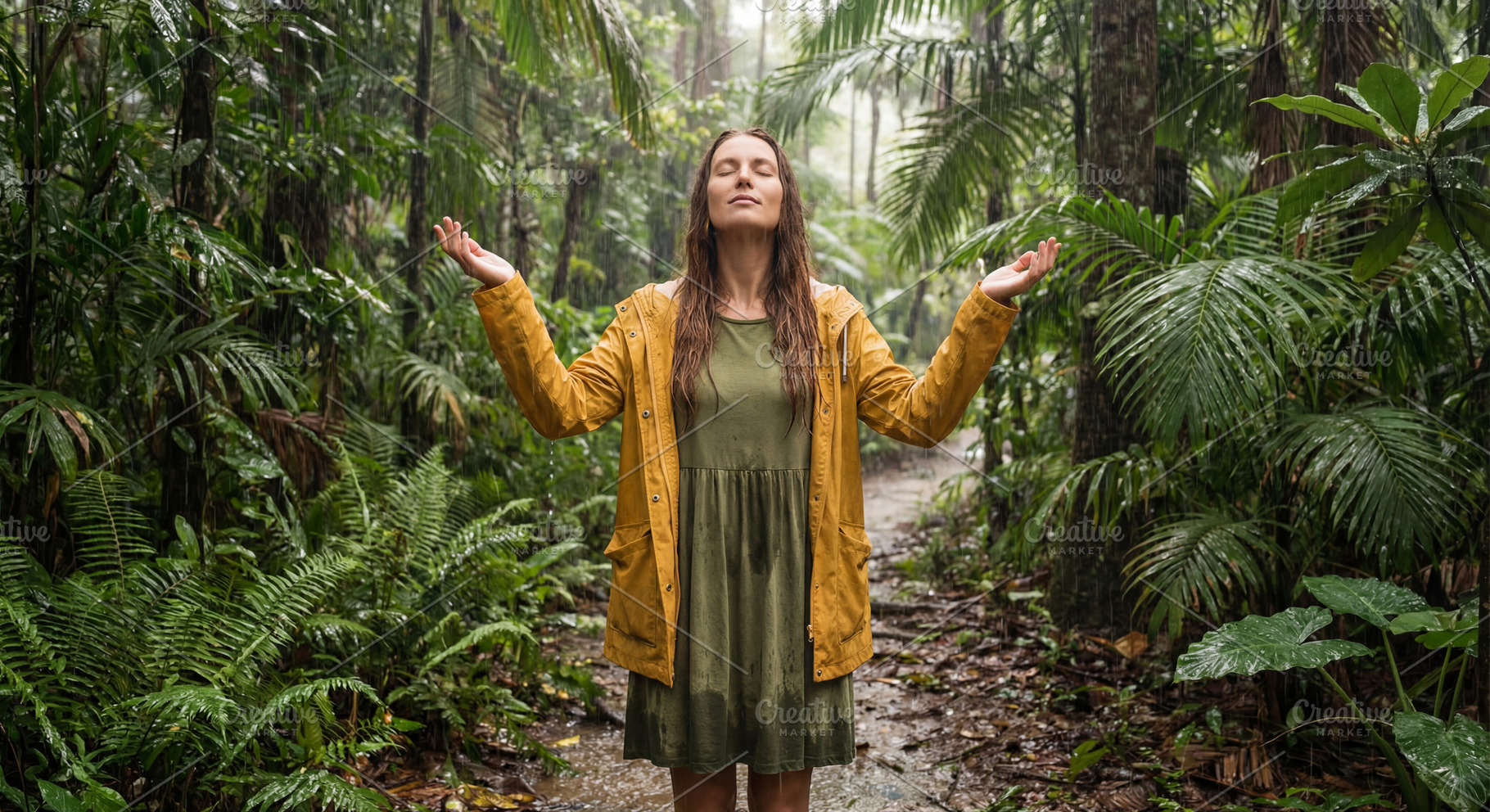 Woman Embracing Rain In Jungle, a Person Photo by Virgo Studio