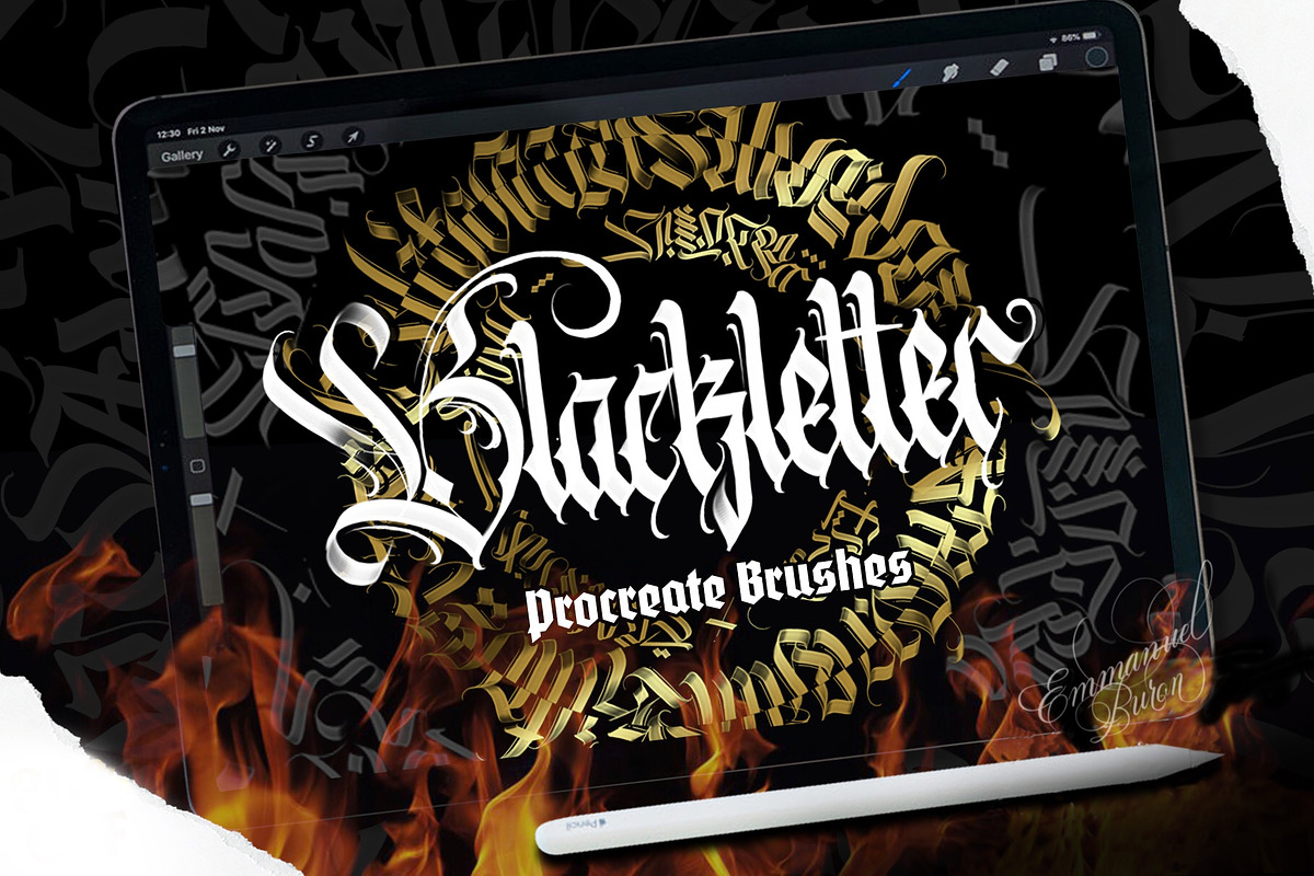 Blackletter Brush for Procreate, a Brush Add-On by Emmanuel Buron (Photo 1 of 8)