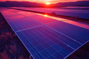 A stunning sunset over a solar farm, with rows of solar panels reflecting vibra, a Technology Photo by Textures & Backgrounds