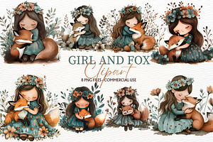 Girl and Fox Fall Clipart PNG Animal, an Animal Illustration by SugarCloudStudioArt