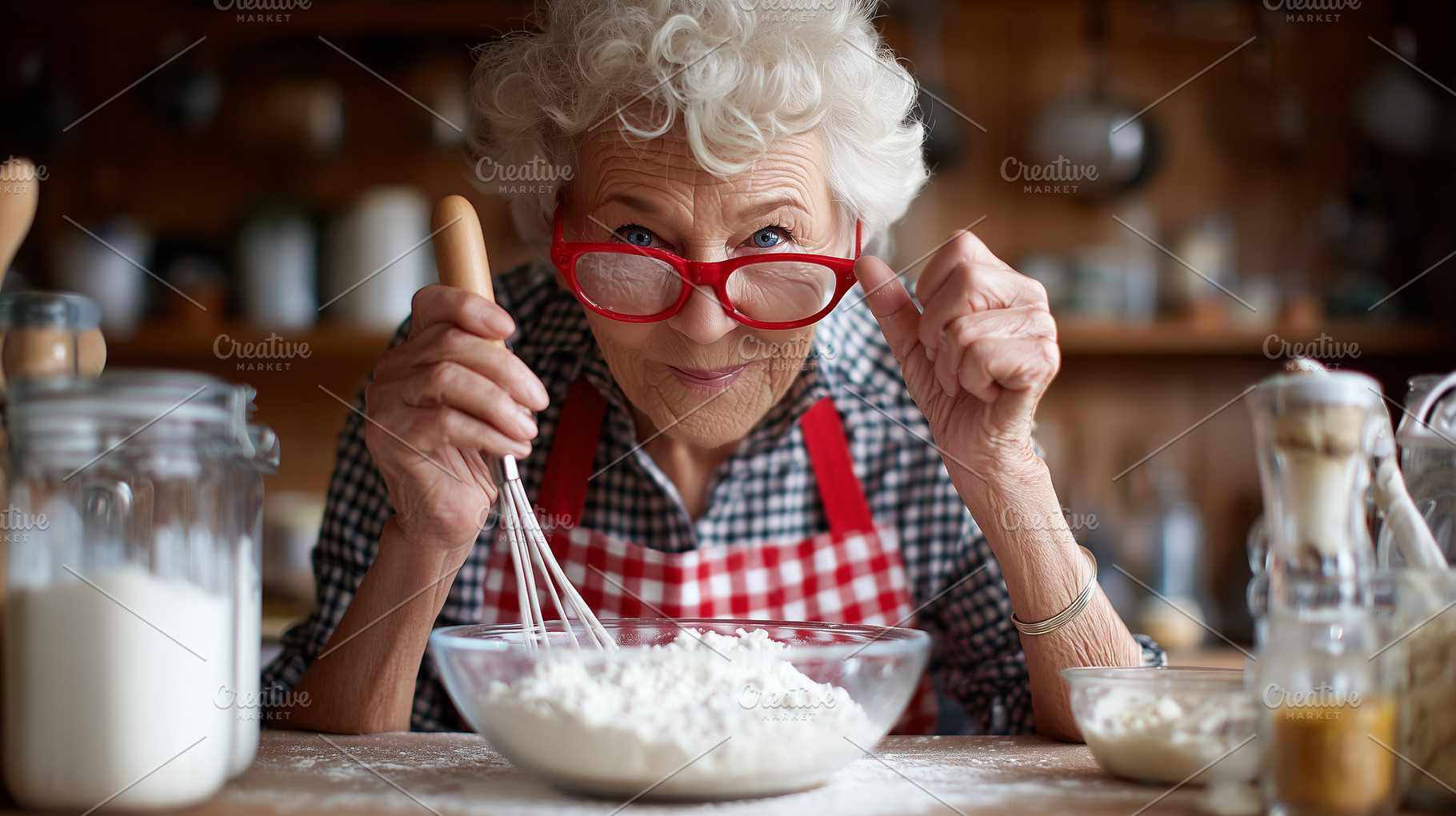 Smiling senior woman baking, a Food & Drink Photo by MistyDay