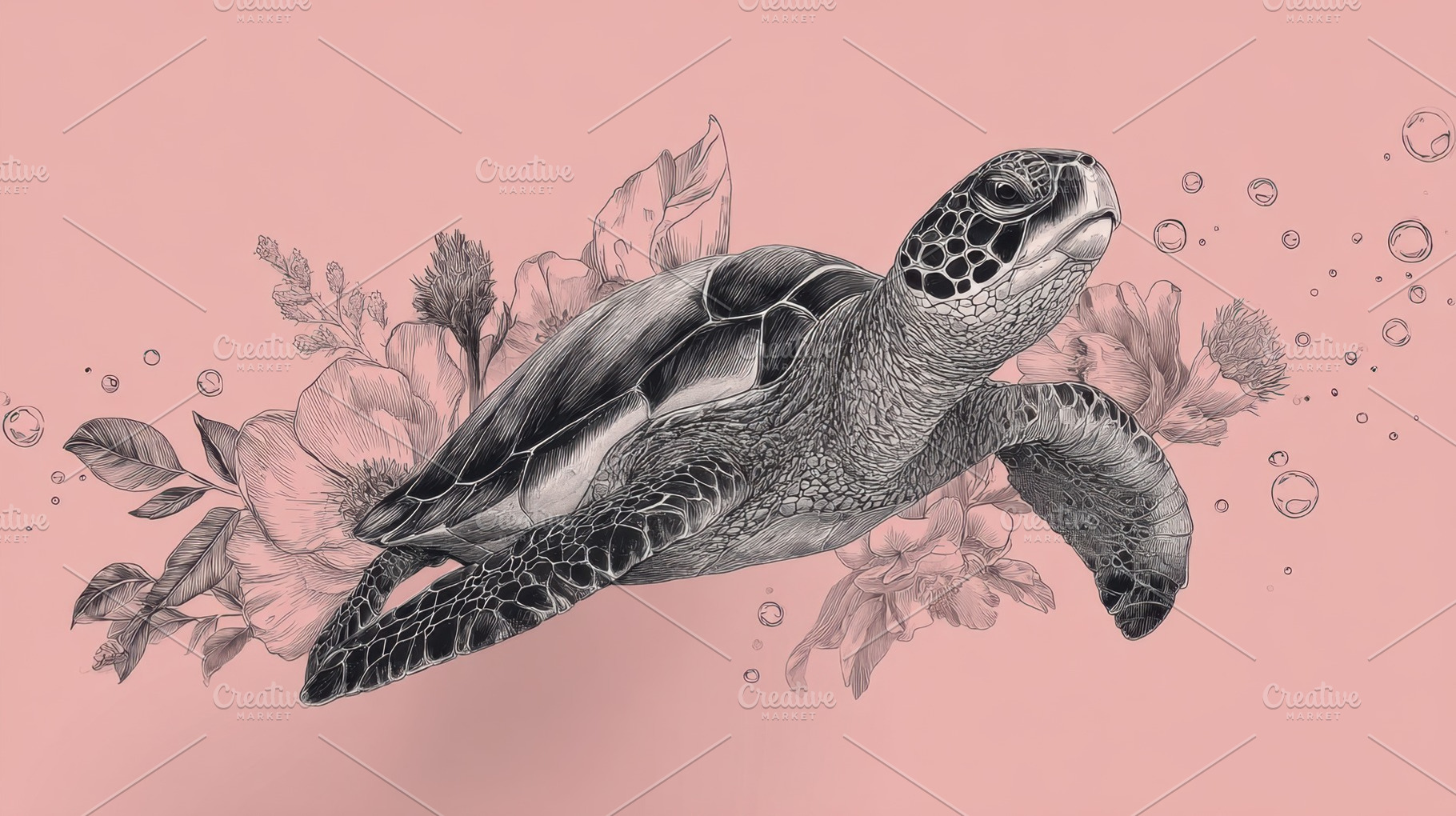 Turtle swims in flowers bubbles, a Photo by Beautiful things