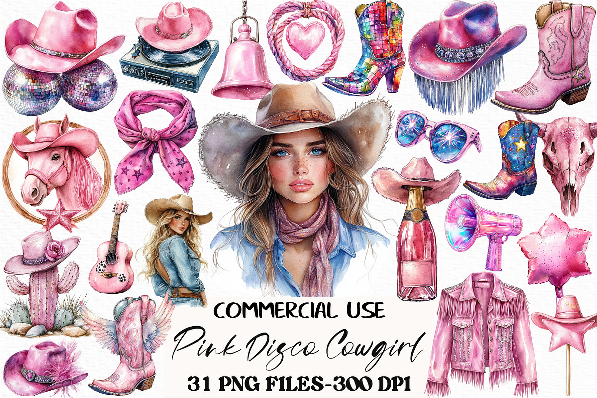 Watercolor Pink Disco Cowgirl PNG, an Illustration by Craft Nest (Photo 1 of 6)