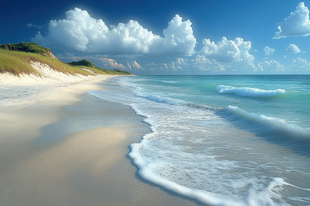 Scenic beach with gentle waves and b, a Photo by Tanuart