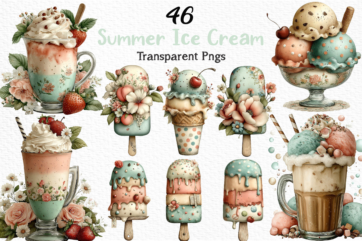 Whimsical Summer Ice Cream Clipart, an Illustration by Craft Nest (Photo 1 of 12)