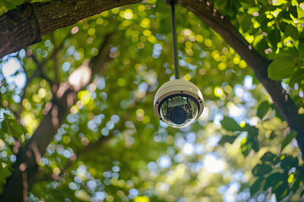 Modern public CCTV camera on blurred green park background, a Technology Photo by AlyaAnd