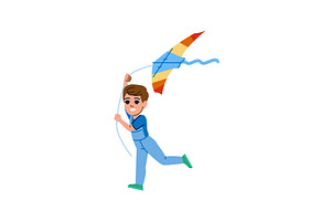 Happy boy running and holding a kite, an Illustration by pikepicture