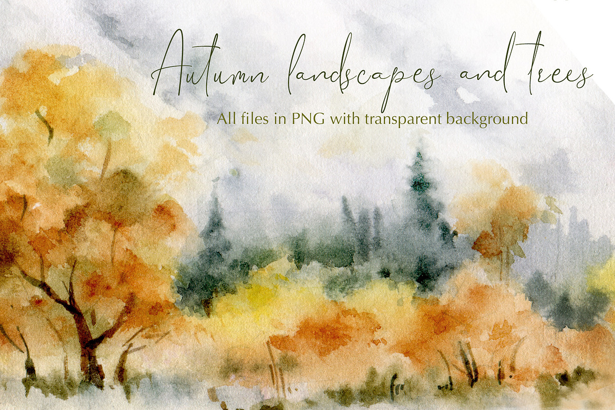 Watercolor fall landscapes & trees., an Illustration by Elena Medvedeva (Photo 4 of 8)