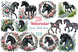 Watercolor Spring Black Horse, an Illustration by DreamCafeArt