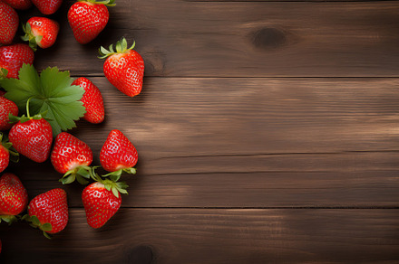 Red ripe strawberries on brown wooden background, a Food & Drink Photo by AlyaAnd