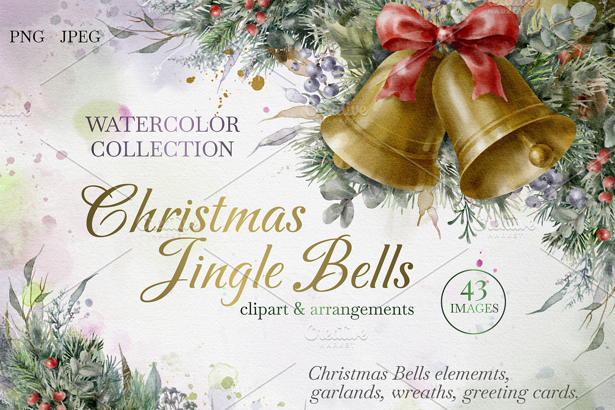 Watercolor Christmas Bells Clipart., a Decorative Illustration by VetaDesign (Photo 1 of 9)