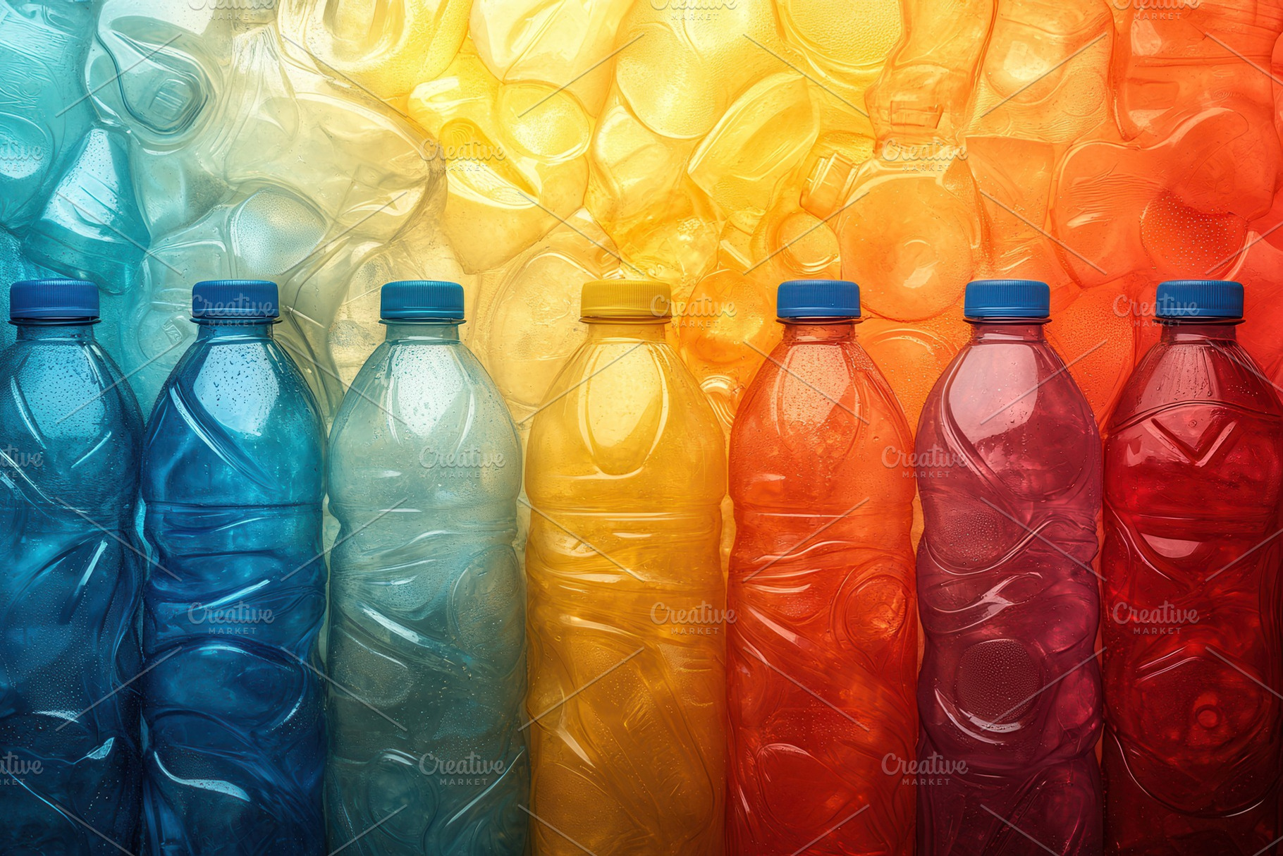 Colorful arrangement of water bottle, a Photo by Tanuart