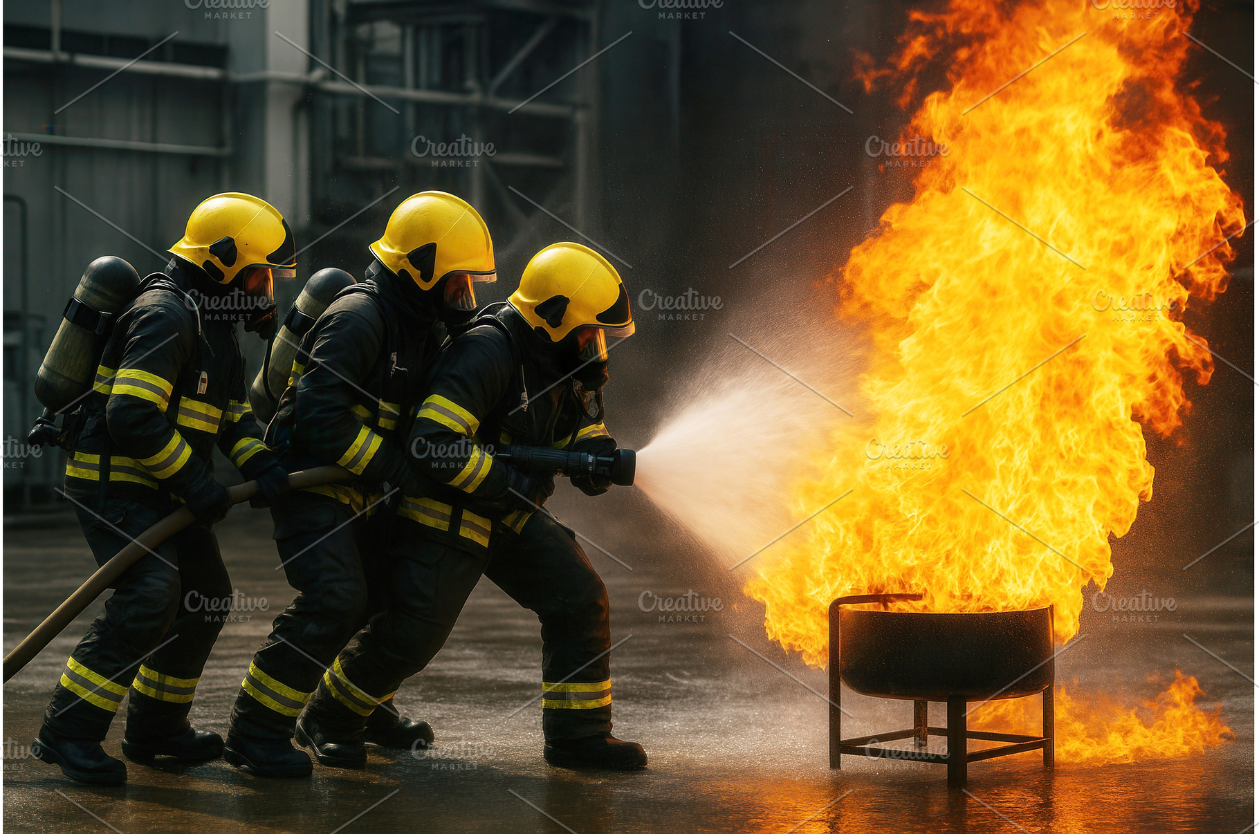A team of firefighters in protective, an Industrial Photo by Sergey Kotenev