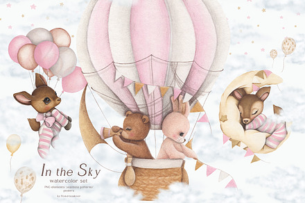 Watercolor Cute Set In The Sky, an Animal Illustration by ViktoriyaD