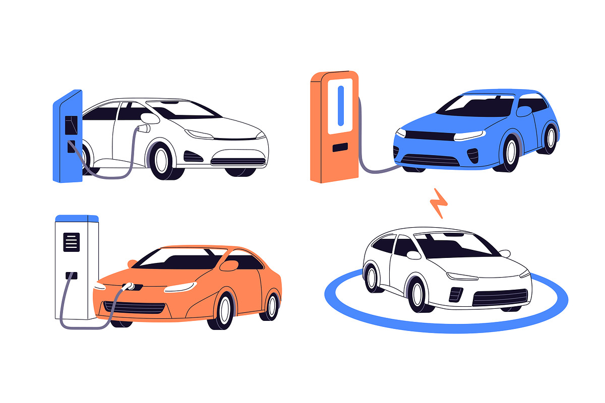 Electric cars, charging stations set, a Transportation Illustration by PaperTrident (Photo 1 of 11)