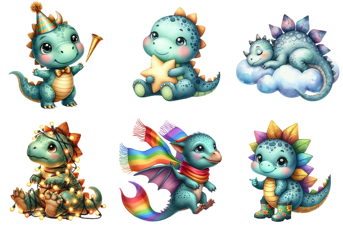 Watercolor Cute Baby Dinosaur PNG, an Illustration by Pixels.Craft (Photo 4 of 6)