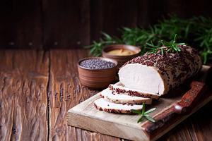 Roasted pork tenderloin in mustard marinade