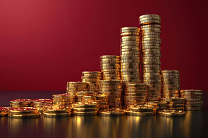 Stacked golden coins shining against, a Photo by Tanuart