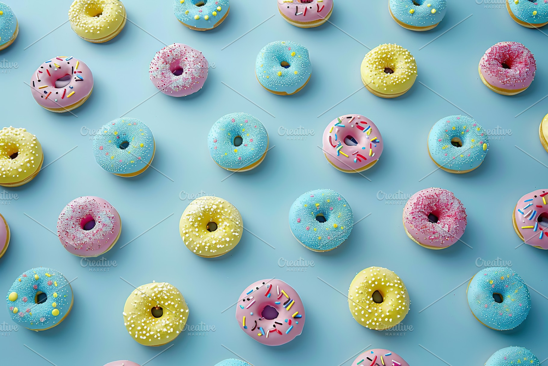 Pattern of sweet and colorful donuts on blue background, a Food & Drink Photo by AlyaAnd