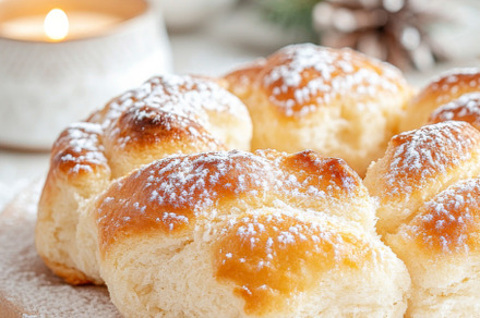 Donuts topped with powdered sugar on, a Photo by Dvoevnore photos
