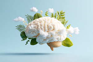 Creative portrayal of a brain surrounded by lush greenery and soft clouds in a, a Photo by AlyaAnd