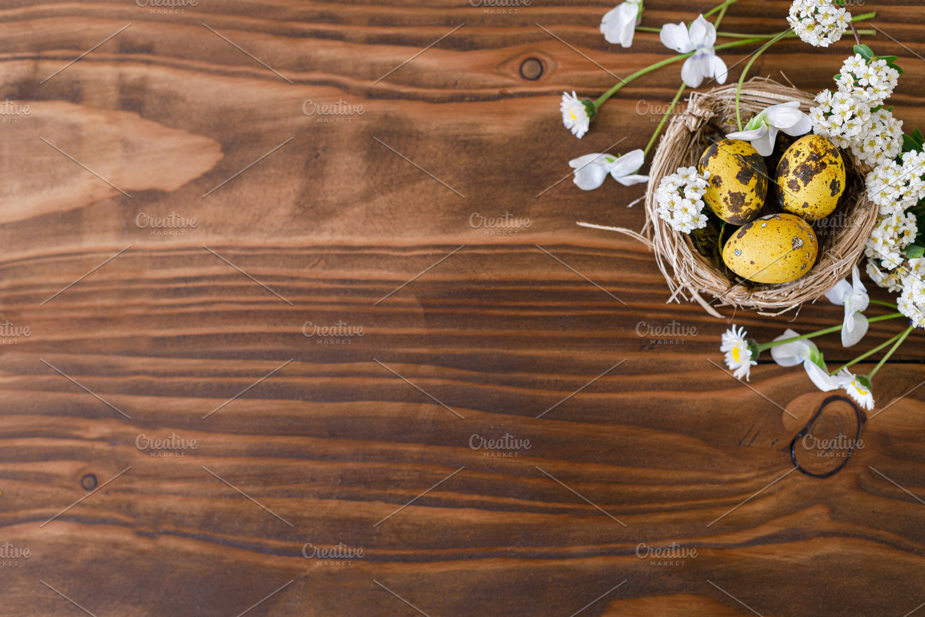 Easter flat lay. Stylish easter eggs in nest and white blossom o, a Holiday Photo by Sonjachni
