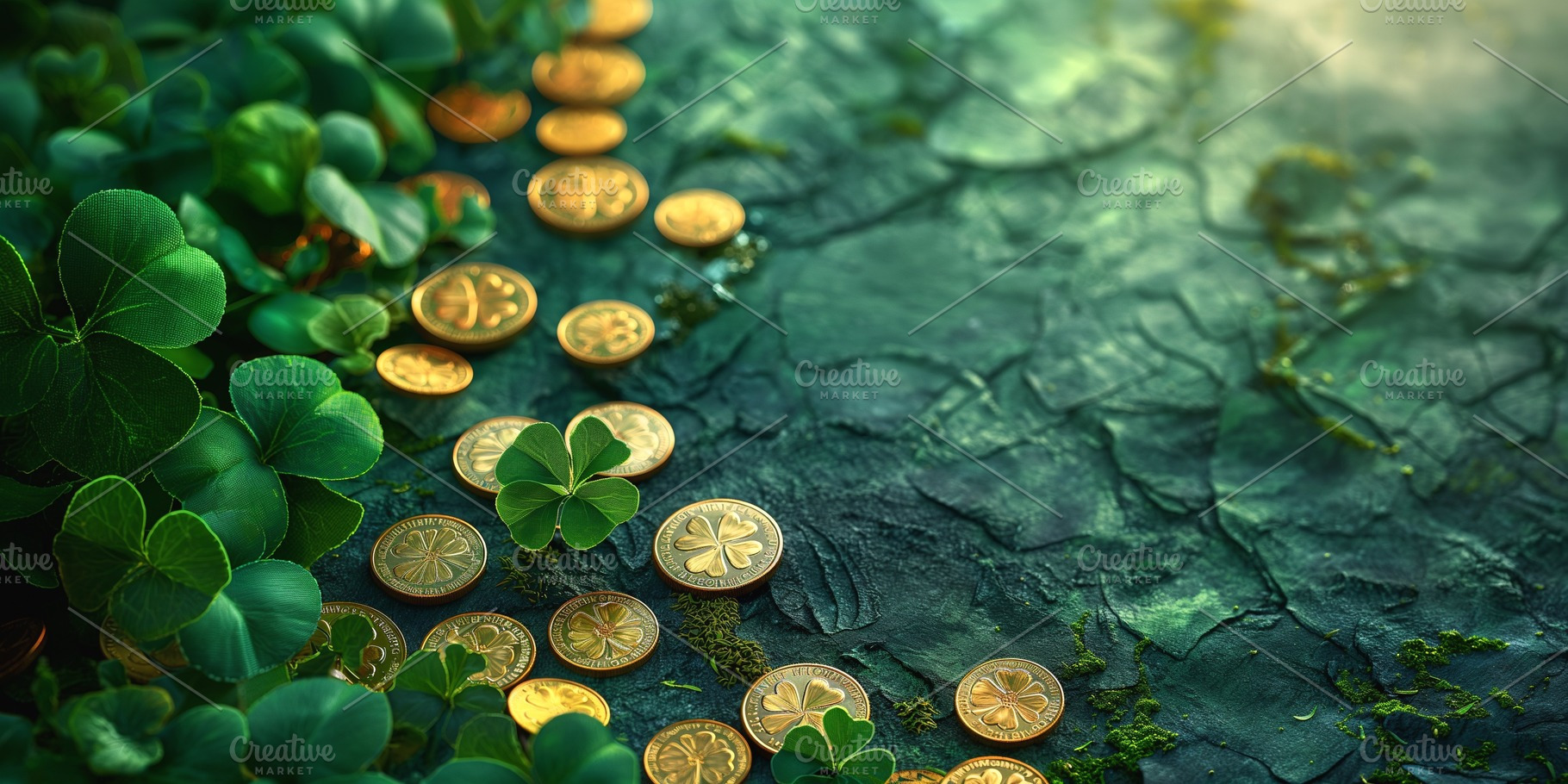 A serene scene featuring golden coins scattered among vibrant green clovers, ev, a Business Photo by ImageMir