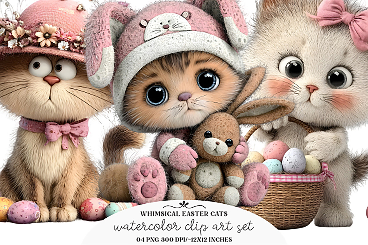 Whimsical Easter Cats Clipart, an Animal 3D Model by GatewayDesign (Photo 2 of 2)