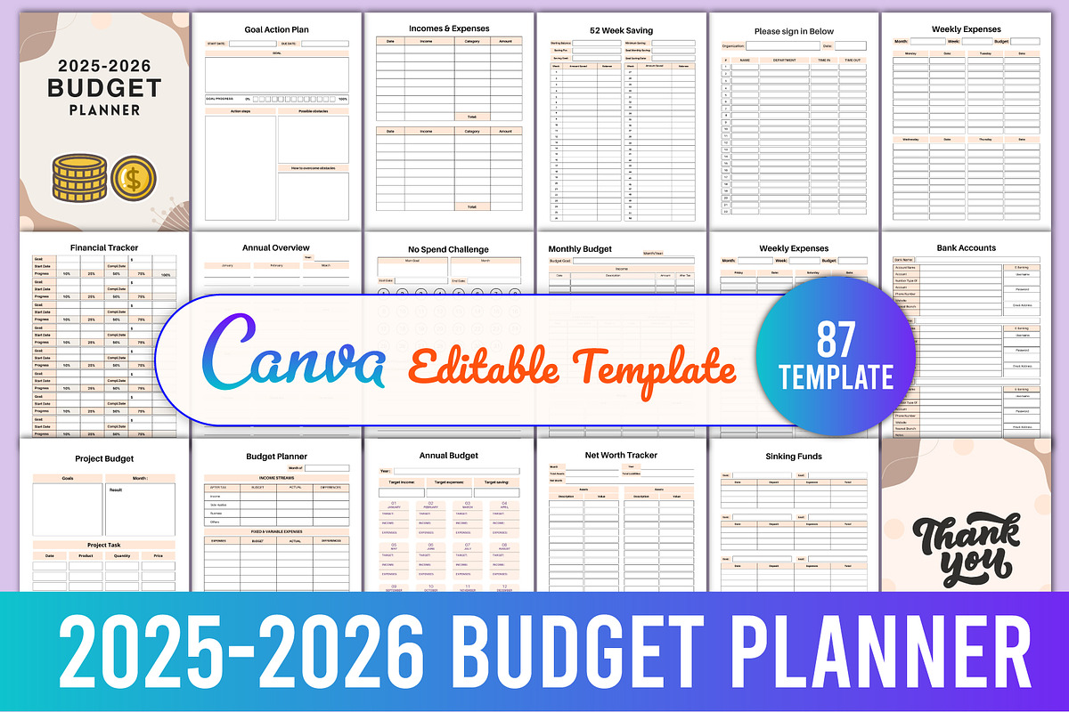 Editable 2025-2026 Budget Planner, a Stationery Template by Designmela01 (Photo 1 of 4)