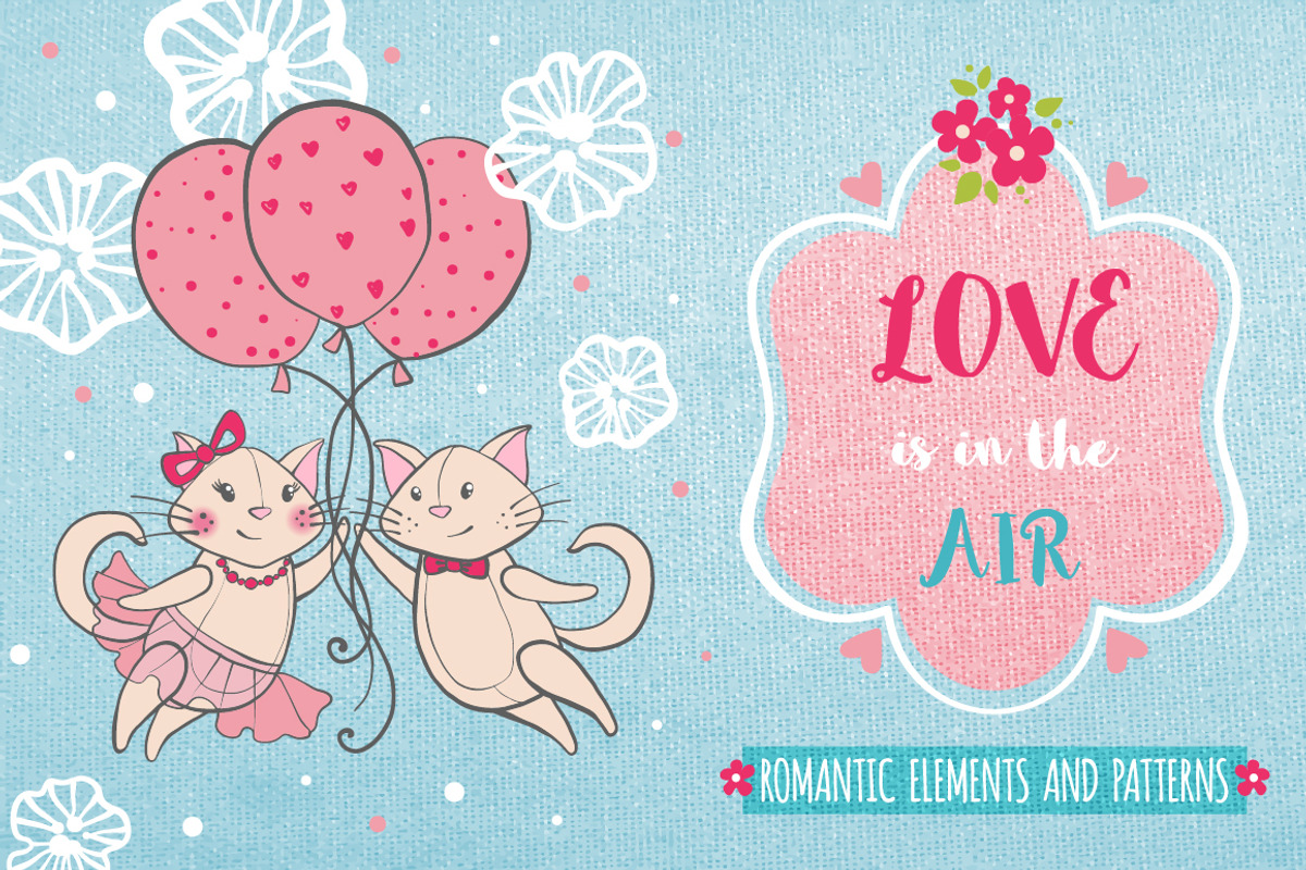Romantic set with cats and flowers, a Texture Illustration by MalniArt (Photo 1 of 9)
