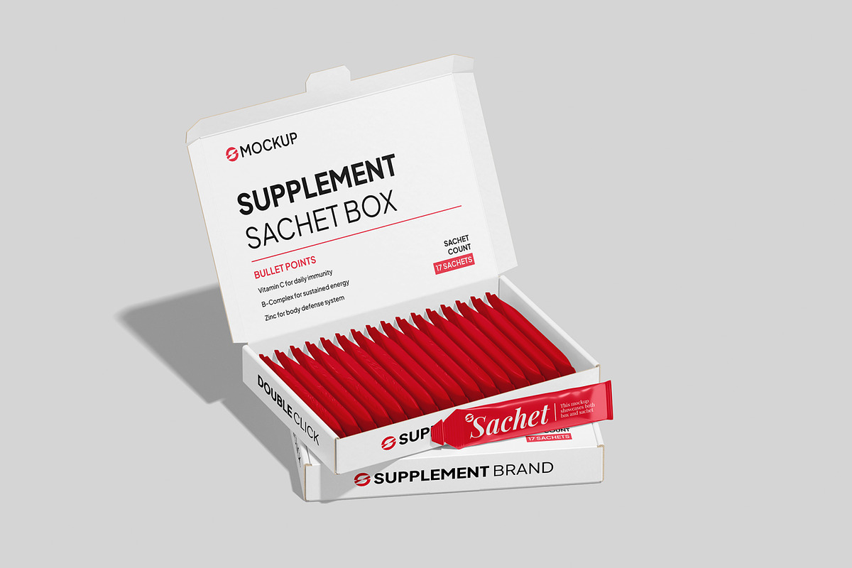 Supplement Sachet Box Mockup, a Packaging Mockup by Unerispace (Photo 2 of 4)