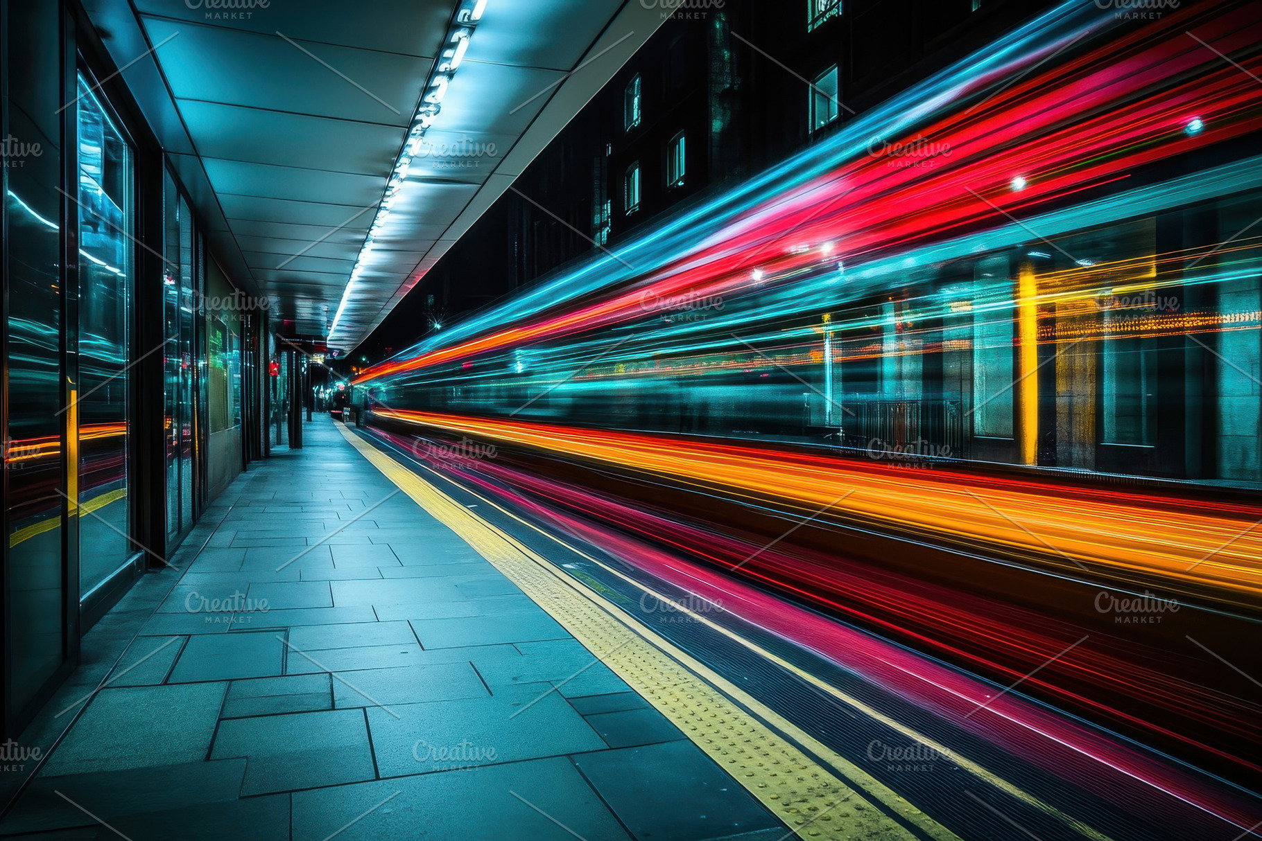 Nighttime city scene with blurred li, a Photo by Tanuart
