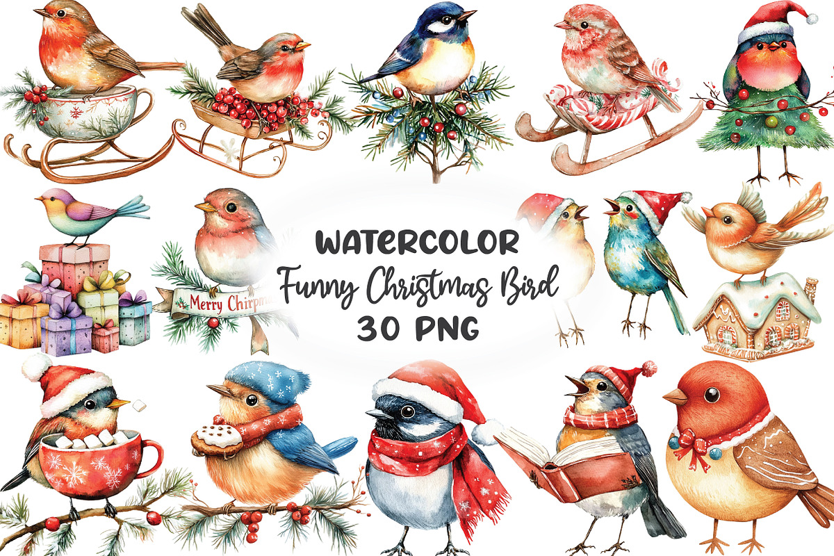 Watercolor Funny Christmas Bird Clip, an Illustration by CraftArtStudio (Photo 1 of 6)