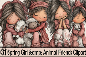 Spring Girl & Animal Friends Clipart, an Illustration by SVGArt