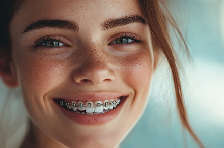 Young woman with modern braces on teeth, dental care concept, a Health & Medical Photo by AlyaAnd