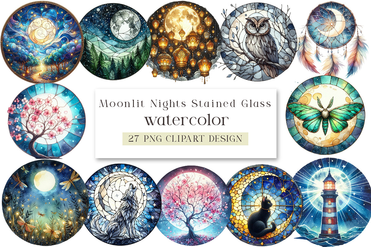 Moonlit Nights Stained Glass Clipart, a Seasonal Illustration by DreamArtGraphic (Photo 1 of 4)